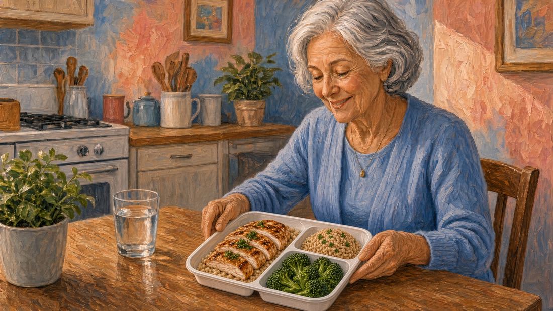 An older woman at her kitchen table with a prepared meal of sliced chicken, grains and broccoli