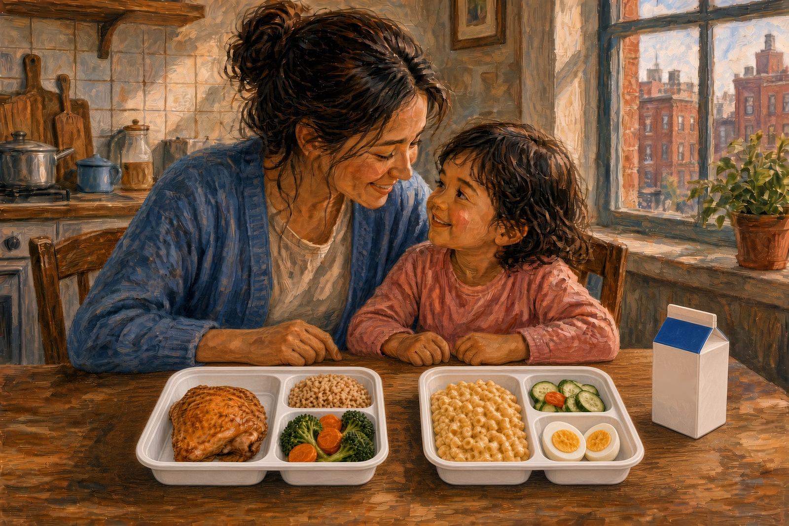 A mother and her young child at the kitchen table with two prepared meals