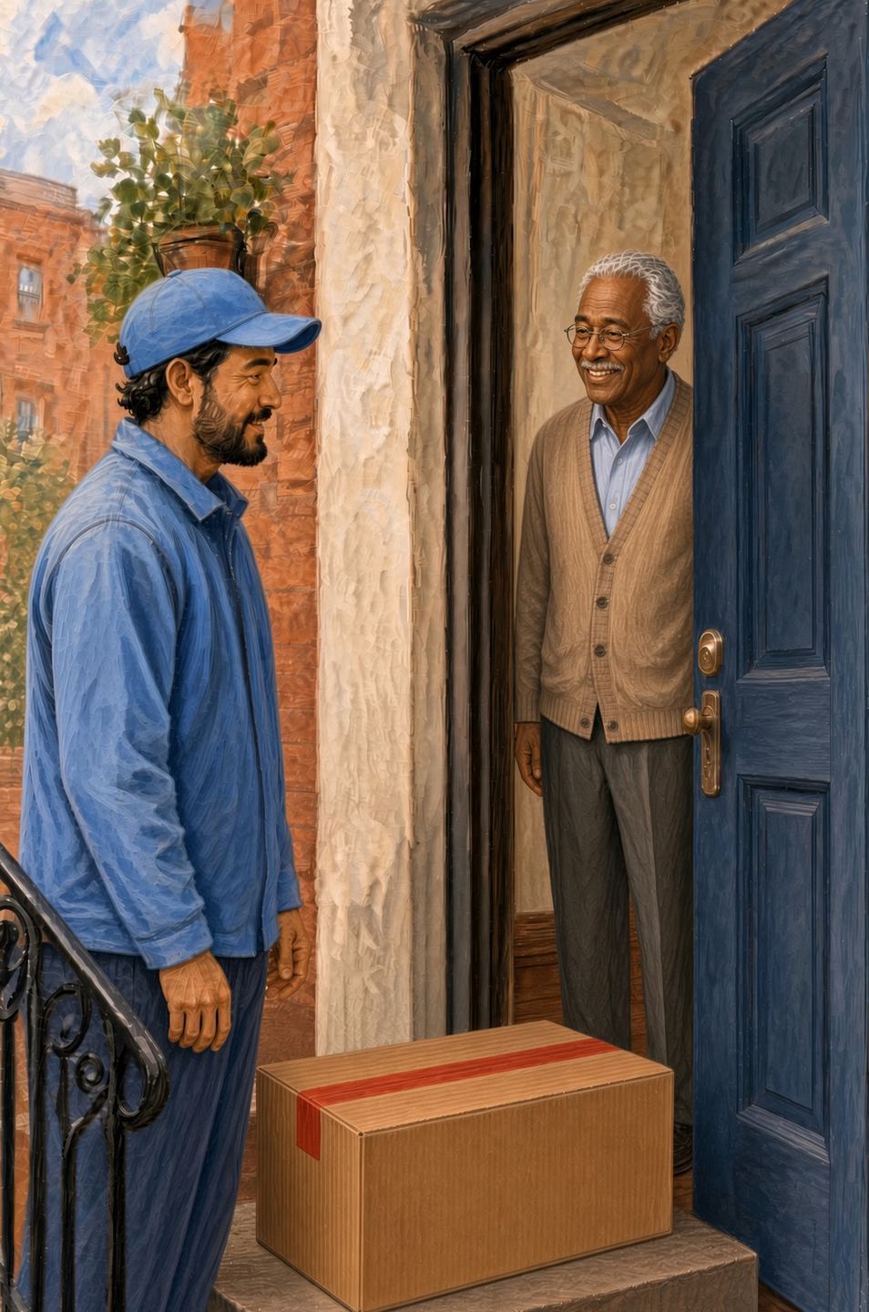 A delivery driver bringing a box of prepared meals to an older man at his Brooklyn door