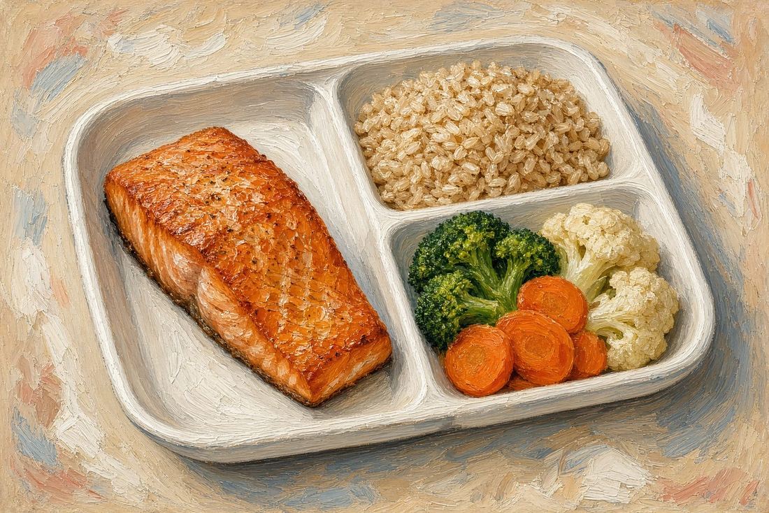 A medically tailored meal: salmon, brown rice, broccoli, carrots and cauliflower