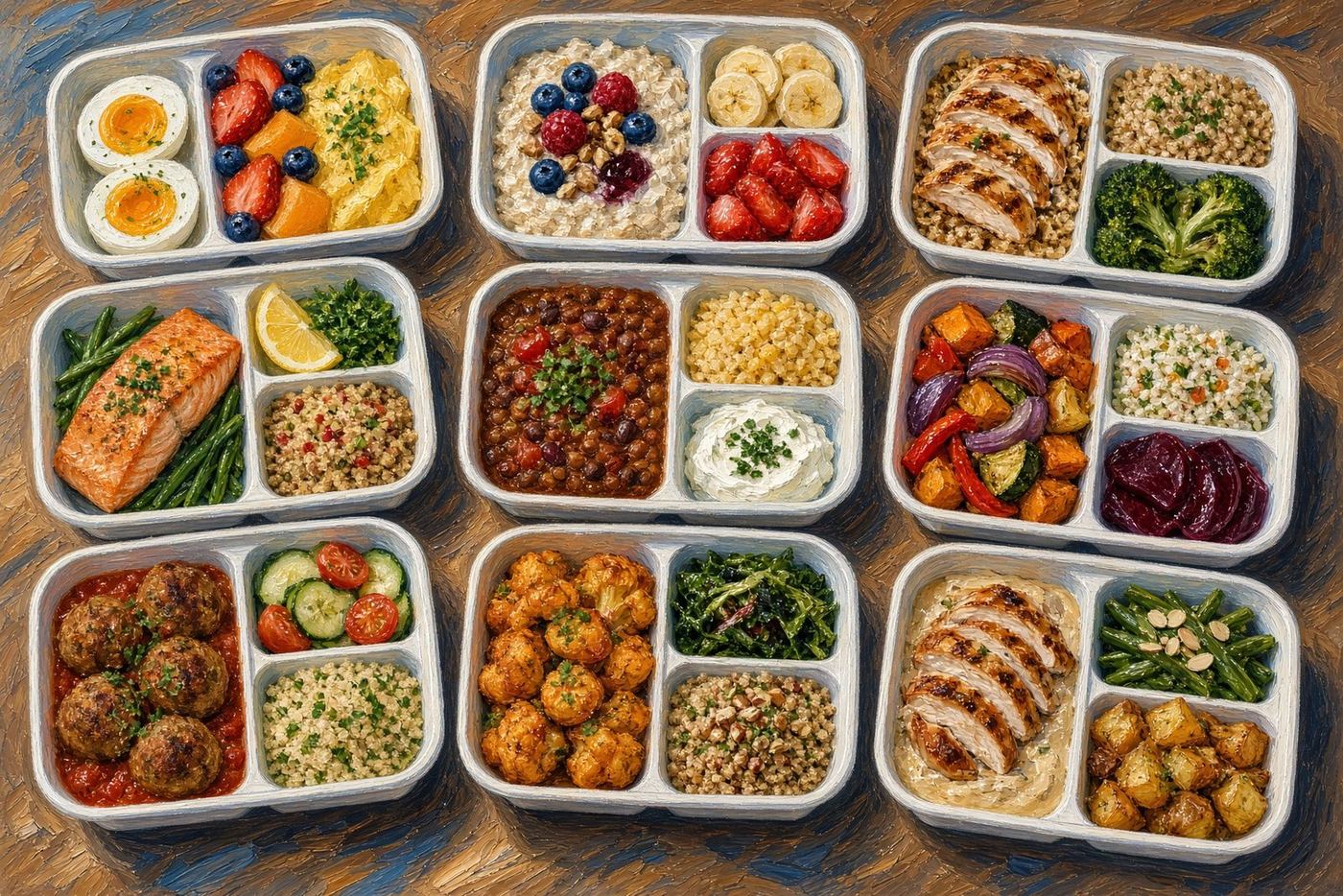 A variety of prepared meals for breakfast, lunch and dinner in three-compartment containers